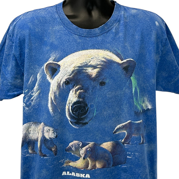 Vintage Y2Ks Polar Bears Alaska T Shirt Bleach Spotted Tie Dye Blue L Large - Picture 1 of 11